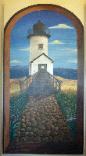 �Hallway Lighthouse�  2004. 4� x 8� Acrylic on birch panel. Private collection.
